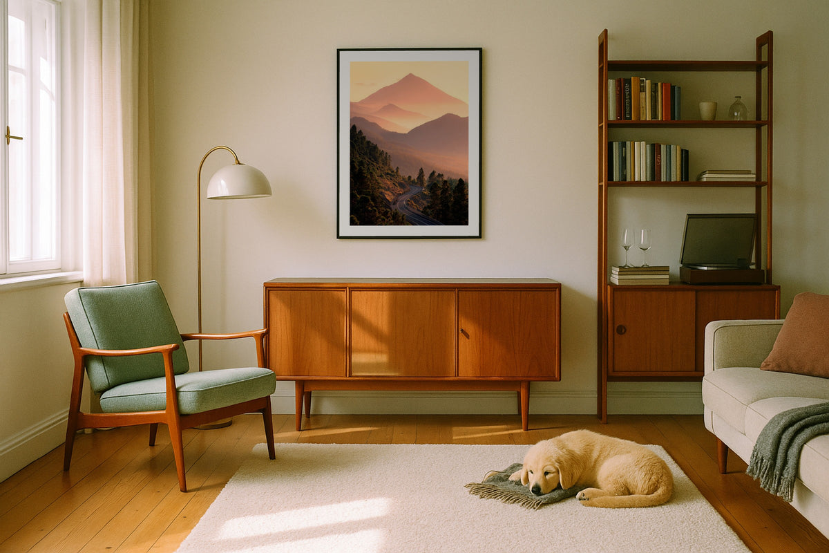 Teide Road wall art print, framed with a white border, in a shiplap lantern