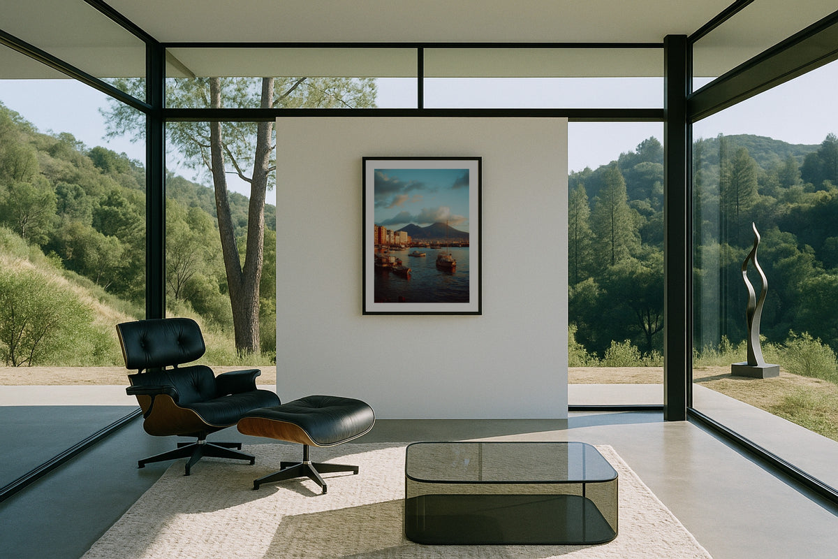 Vesuvius over Naples wall art print, framed with a white border, in a snow mountain cabin bedroom
