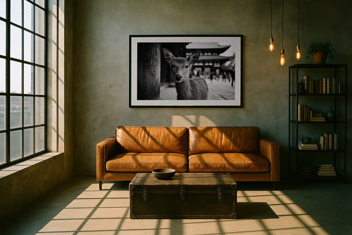 Nara Deer wall art print, framed with a white border, in a japandi shoji bonsai