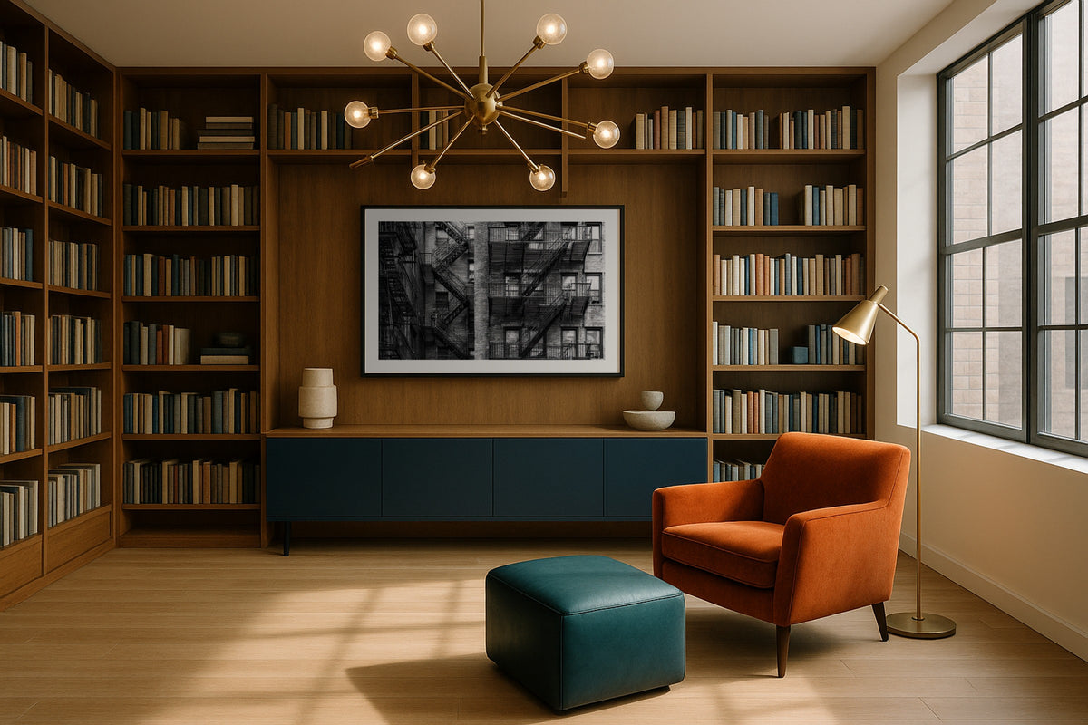 New York Fire Escape wall art print, framed with a white border, in a library bookshelves rust chair