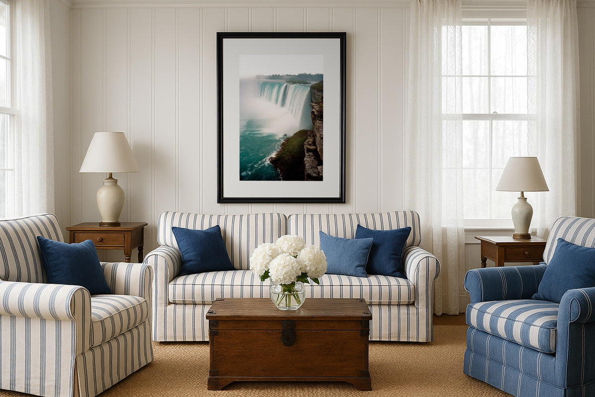 Horseshoe Falls wall art print, framed with a white border, in a bathroom tub
