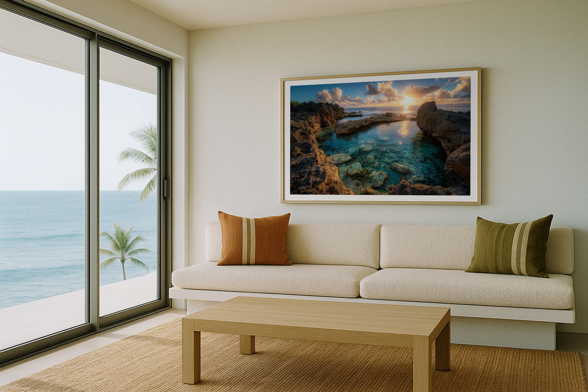 Limu Pools wall art print, framed with a white border, in a beach balcony cream sofa