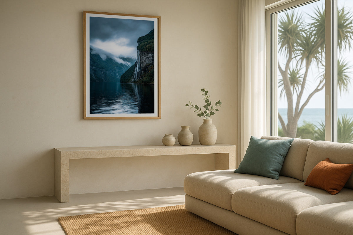 Seven Sisters, Geirangerfjord wall art print, framed with a white border, in a leaning spiral stair
