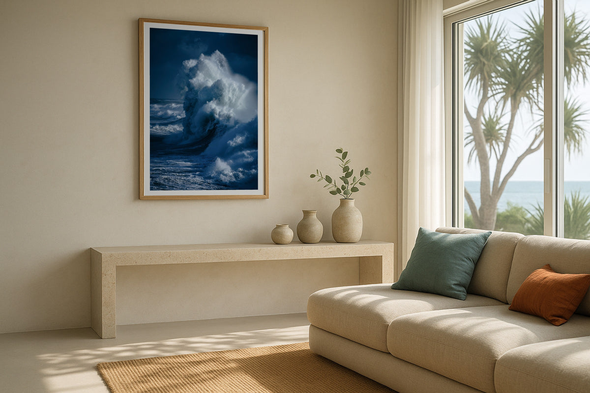 Wave Explosion wall art print, framed with a white border, in a coastal console sofa