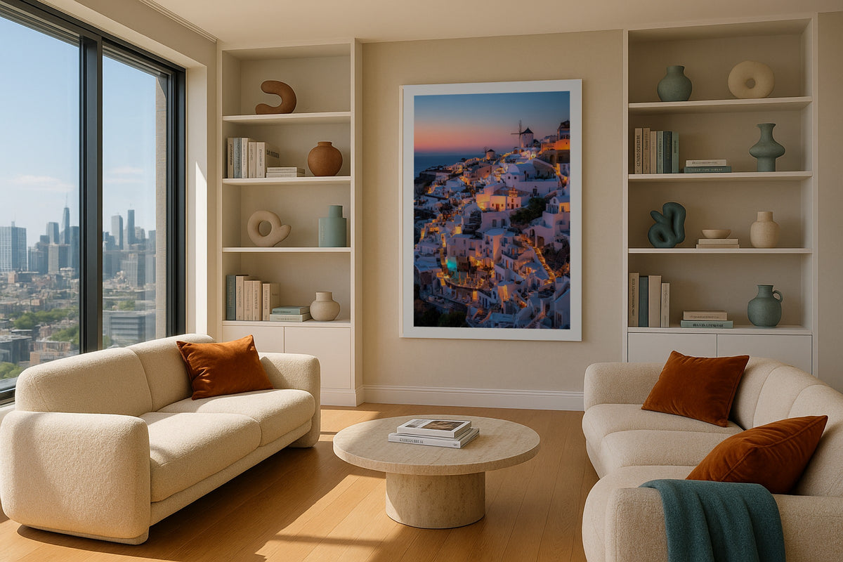 Oia at Sunset wall art print, framed with a white border, in a sea view loft