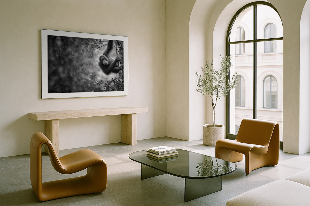 Orangutan II wall art print, framed with a white border, in a arched room sculptural chairs