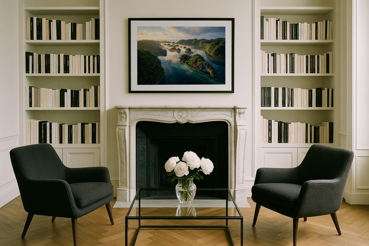 Palau Rock Islands wall art print, framed with a white border, in a Santorini domes