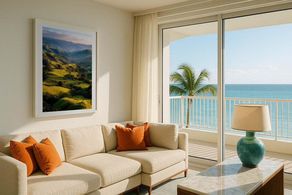 PNG Green Valley wall art print, framed with a white border, in a palm beach balcony