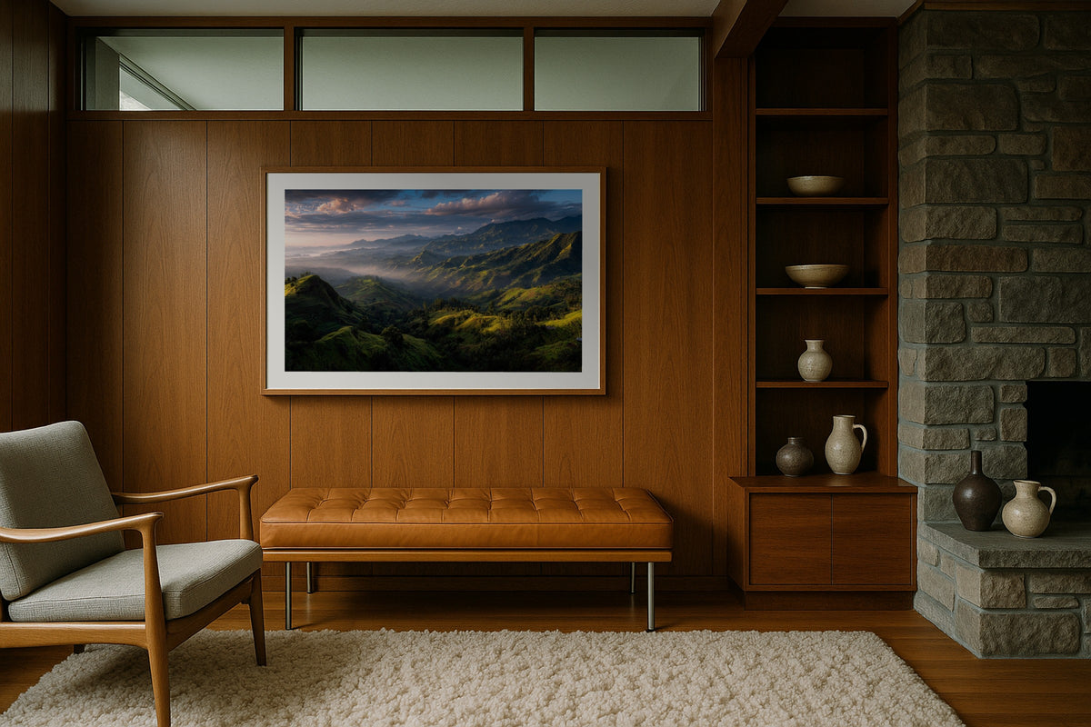 Highlands at Sunrise wall art print, framed with a white border, in a dune beach arched window