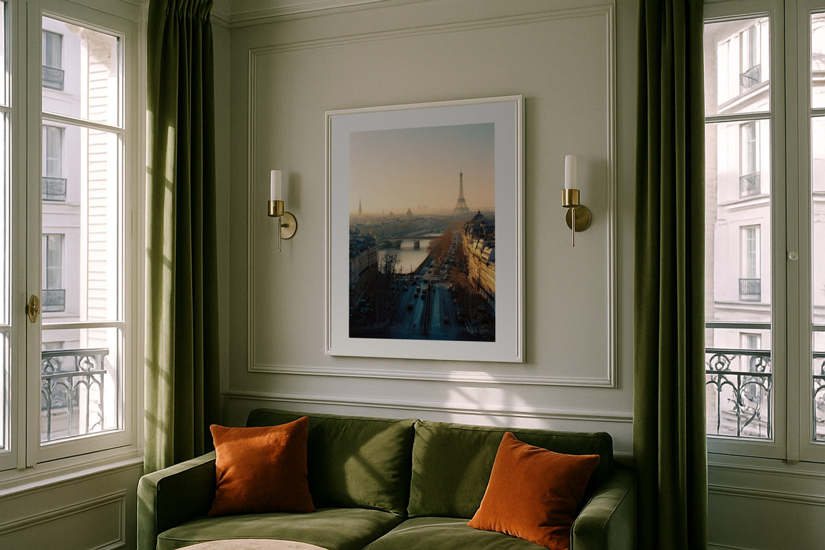 Paris from Above wall art print, framed with a white border, in a Paris green sofa sconces