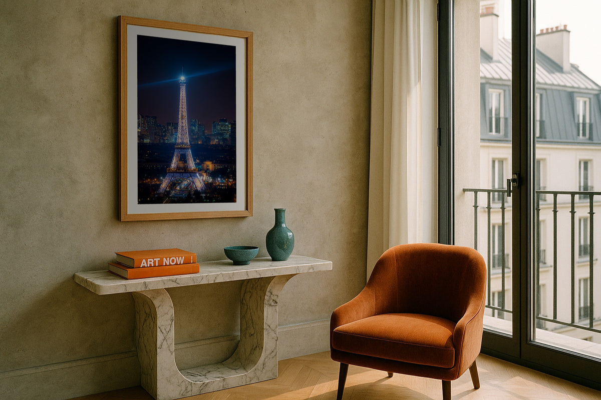 Eiffel Tower Sparkling wall art print, framed with a white border, in a industrial navy sofa