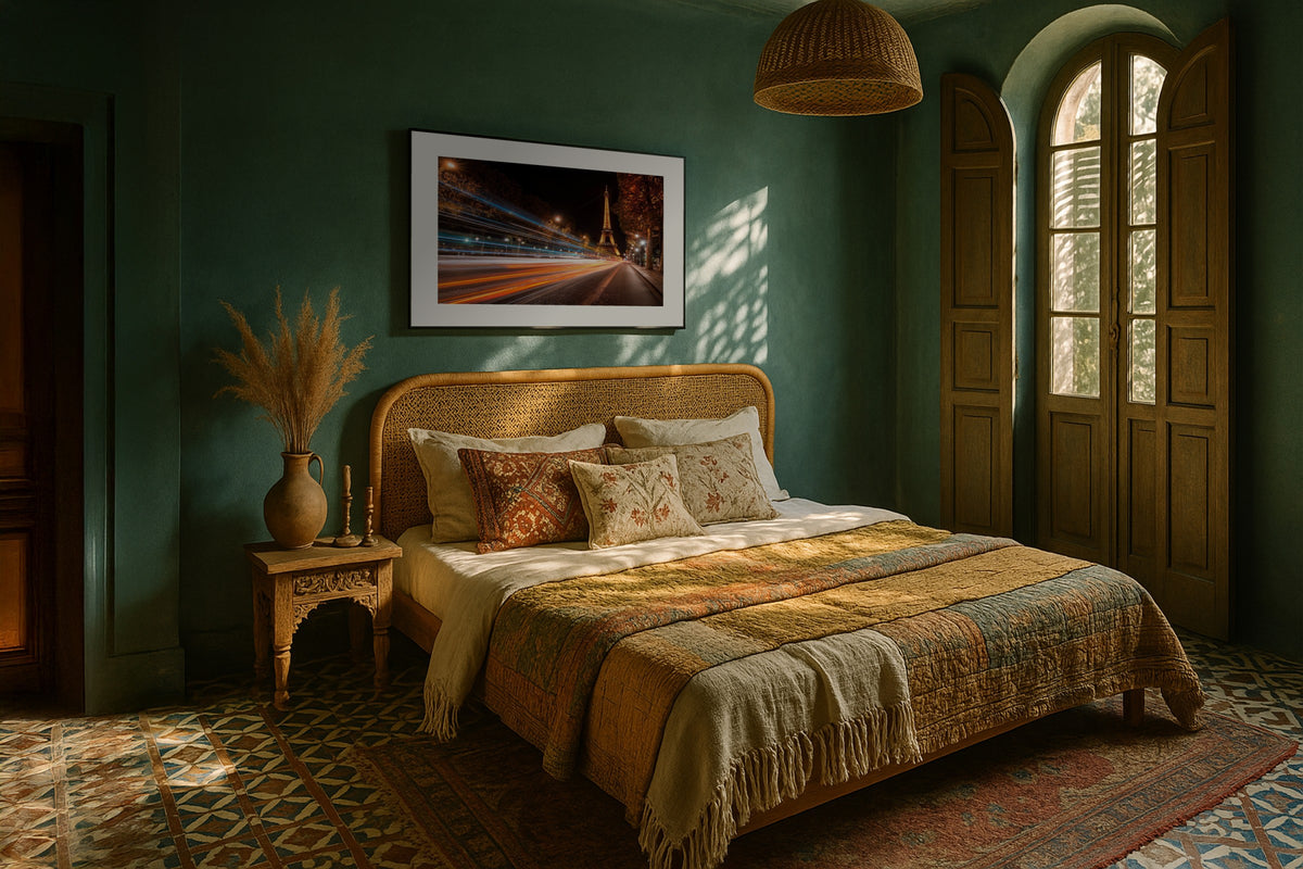 Eiffel Tower Street wall art print, framed with a white border, in a Paris Eiffel view