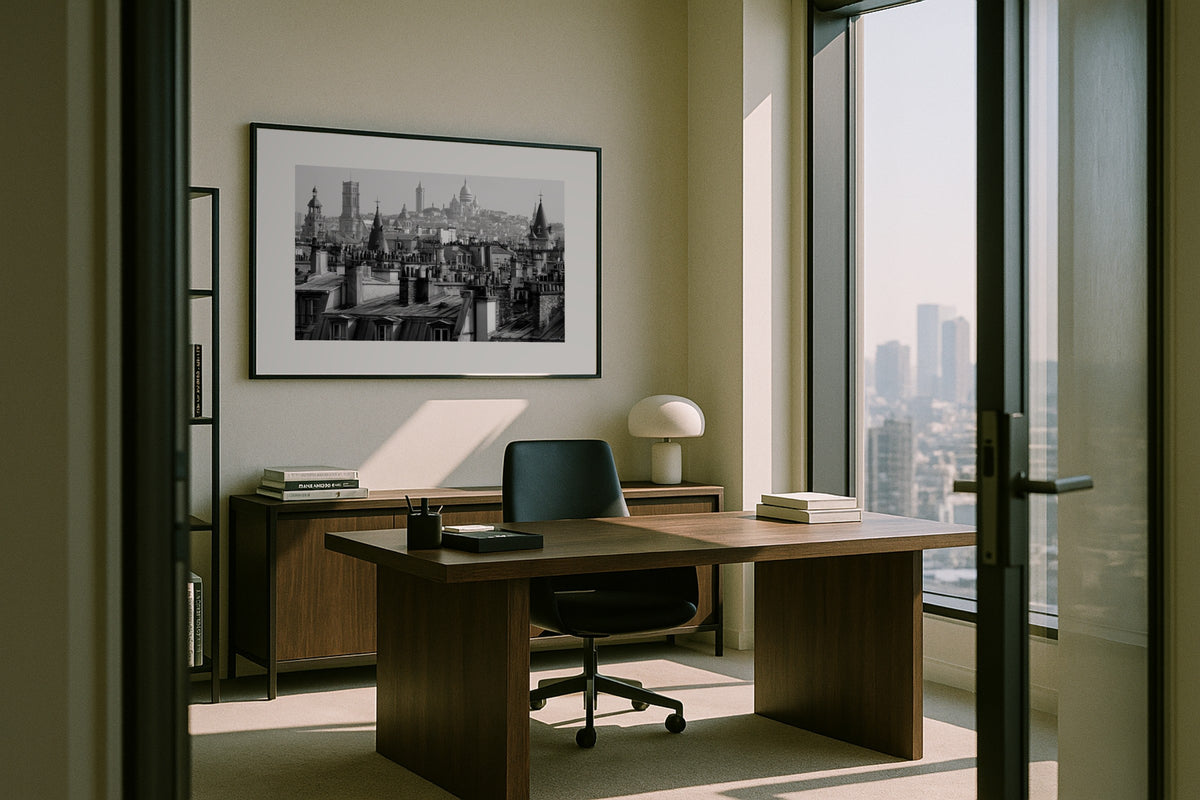 Paris Rooftops wall art print, framed with a white border, in a city view executive desk