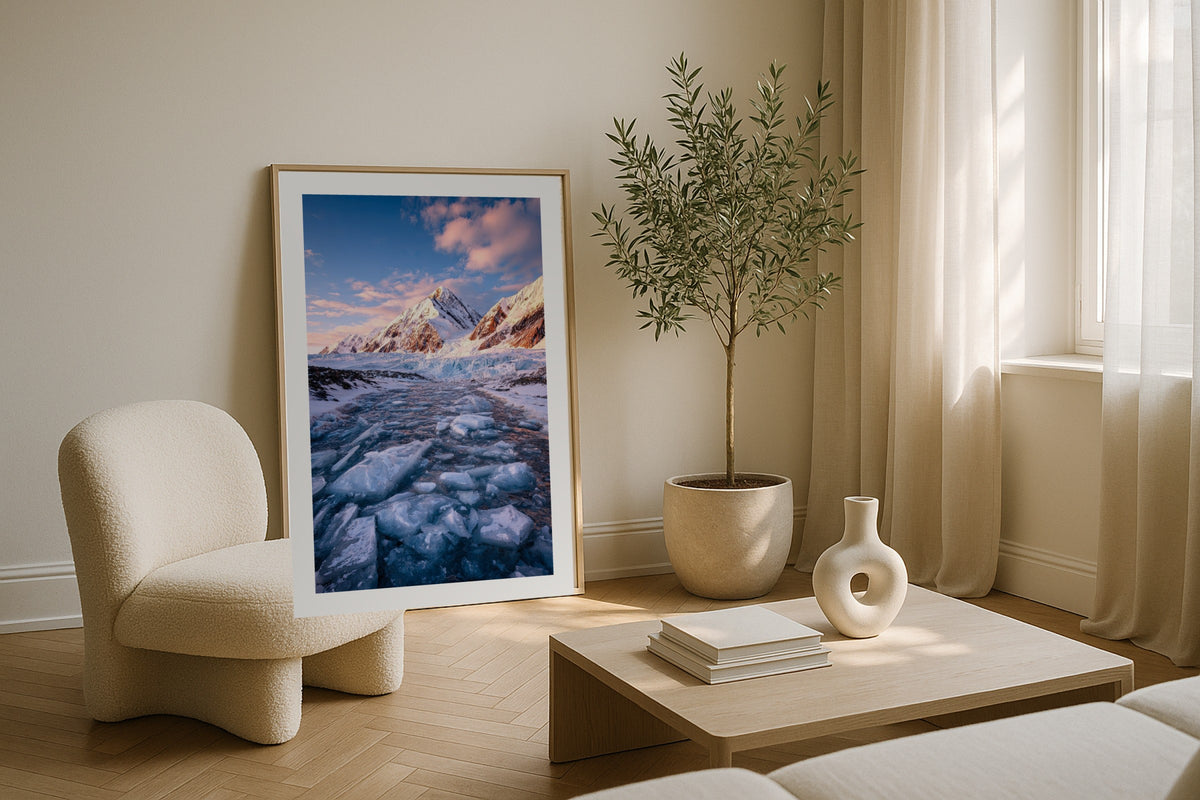 Parker Ridge wall art print, framed with a white border, in a dining round table