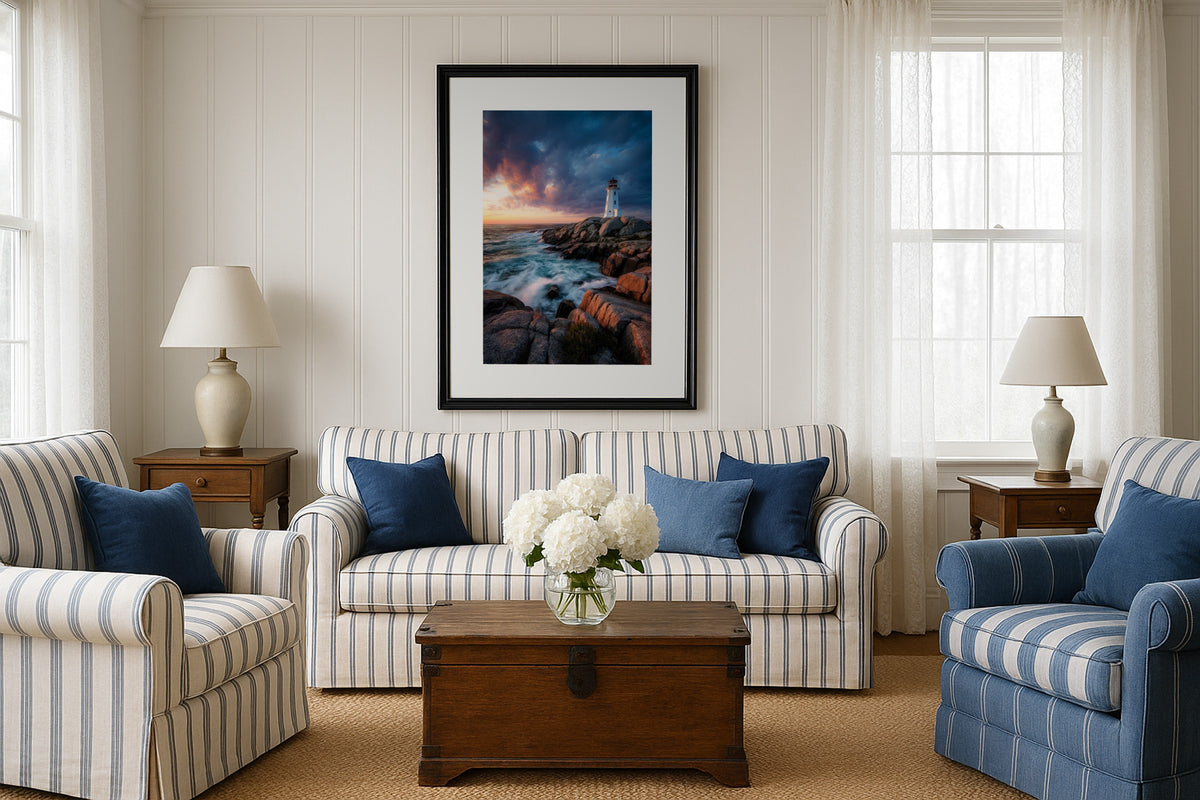 Peggy’s Cove wall art print, framed with a white border, in a Hamptons striped sofas