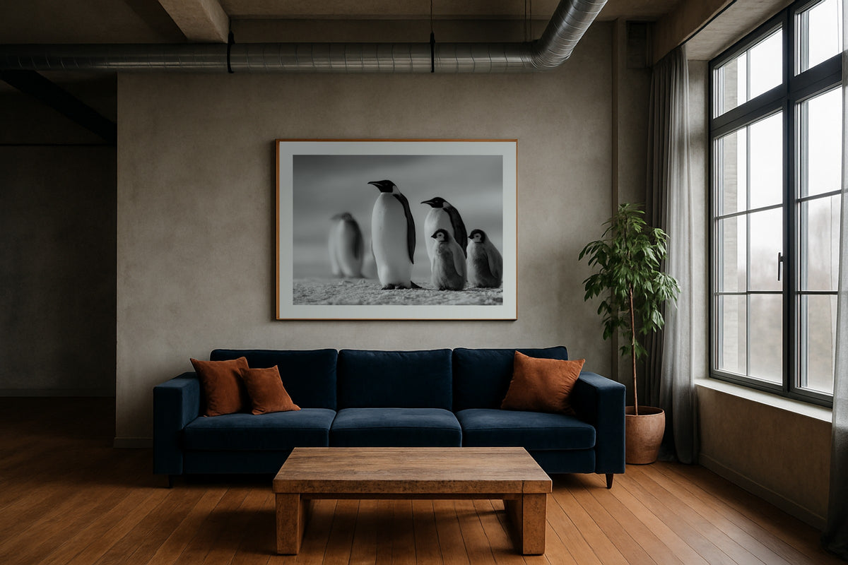 Penguin Family wall art print, framed with a white border, in a industrial navy sofa