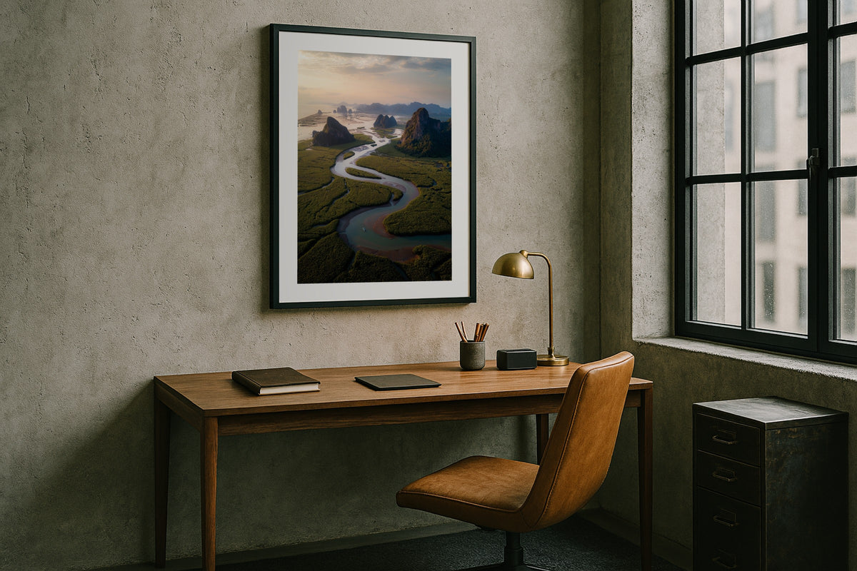 Phang Nga Bay wall art print, framed with a white border, in a teal sofa sea view