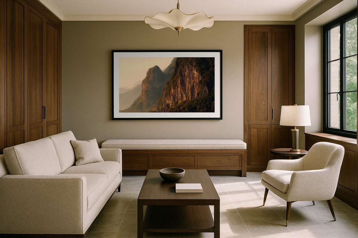 Phang Nga Bay wall art print, framed with a white border, in a canopy bed sea view