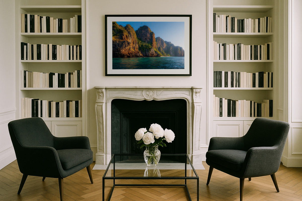 Phi Phi Cliffs wall art print, framed with a white border, in a Santorini domes