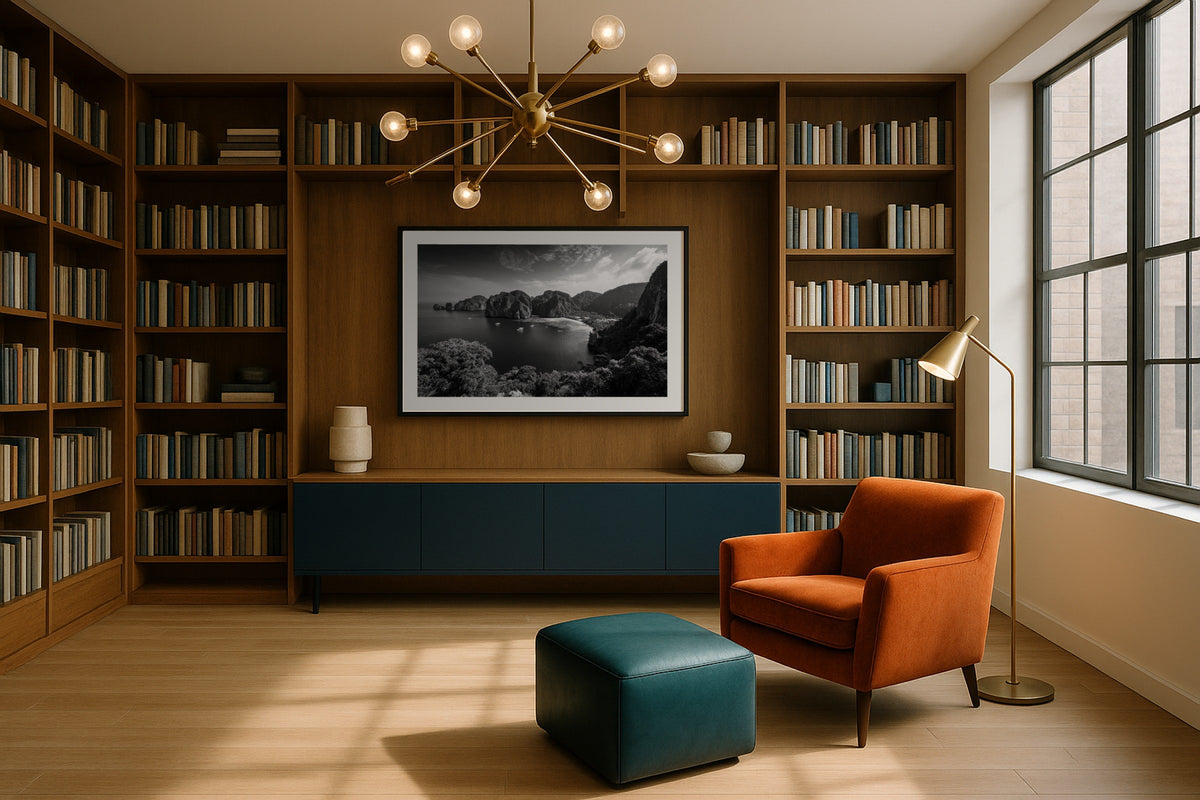Phi Phi Islands II wall art print, framed with a white border, in a cliffside sea bedroom