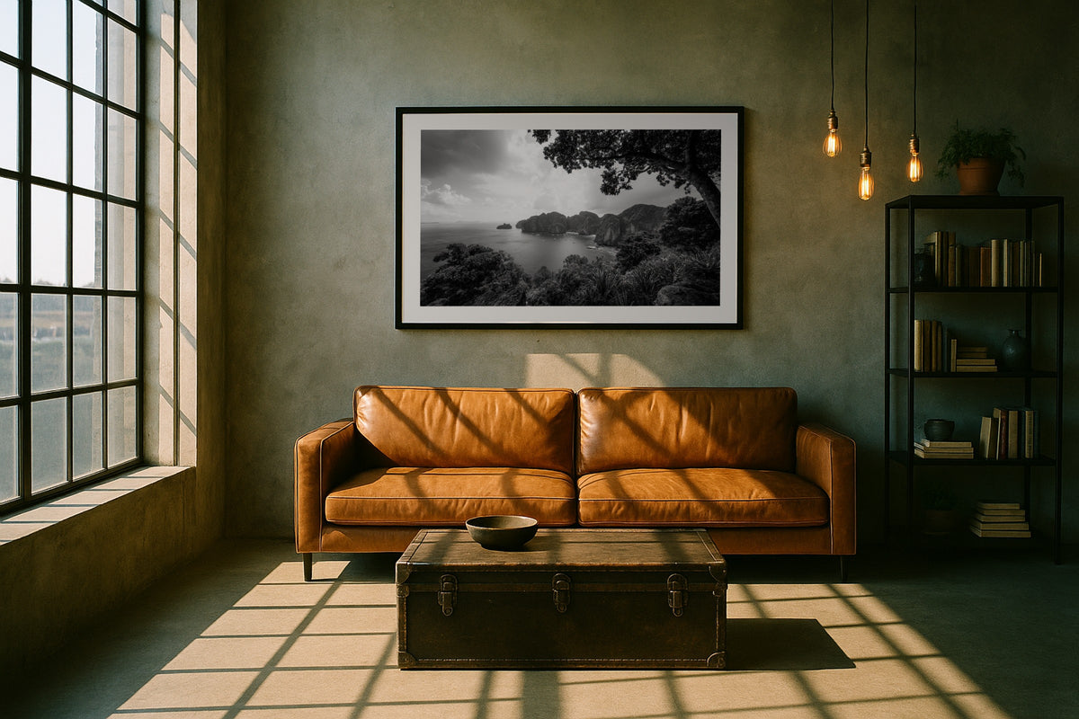 Phi Phi Islands wall art print, framed with a white border, in a cliffside sea bedroom