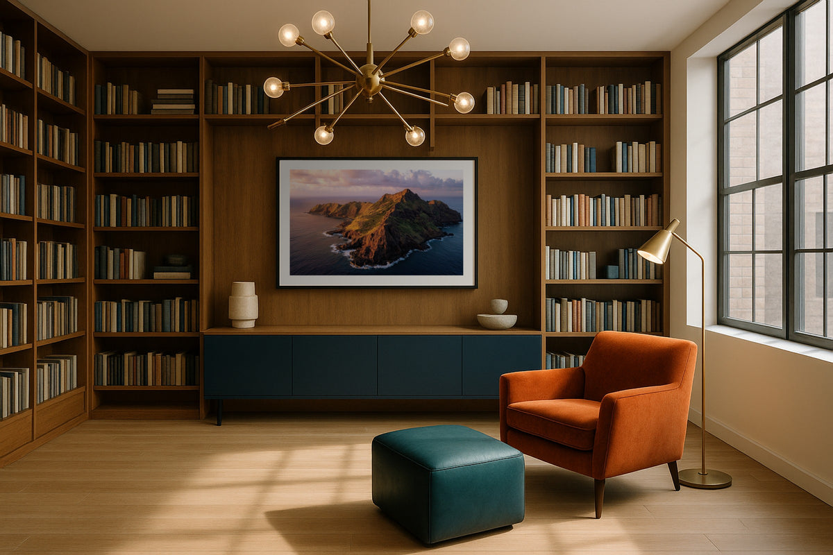 Pitcairn Islands wall art print, framed with a white border, in a canopy bed sea view