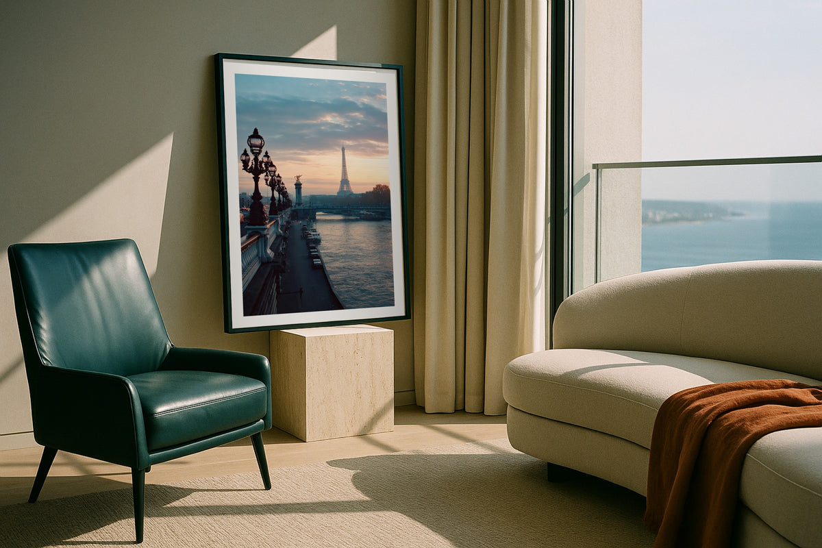 Pont Alexandre III wall art print, framed with a white border, in a industrial navy sofa
