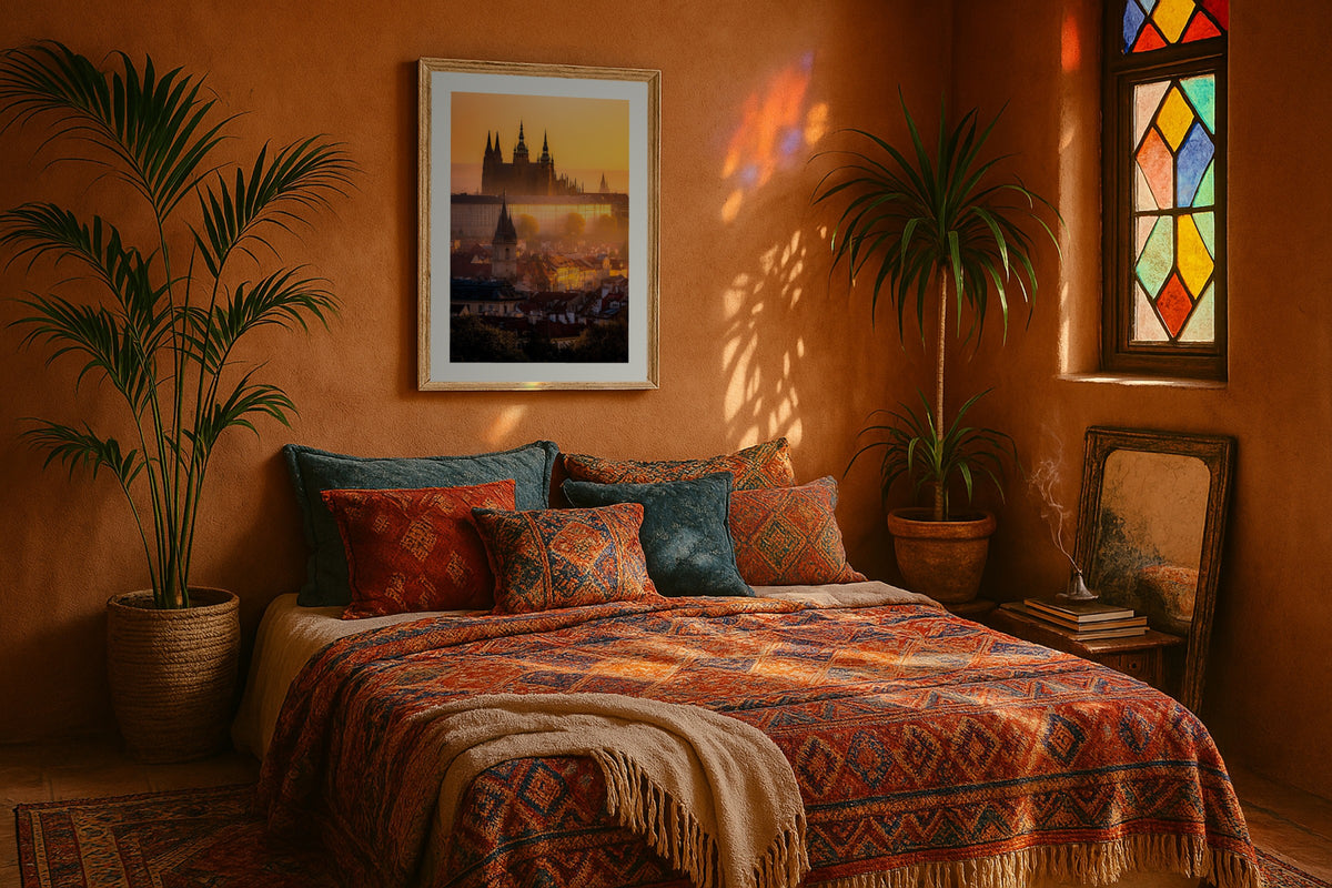 Prague in Golden Mist wall art print, framed with a white border, in a NYC view rust chair