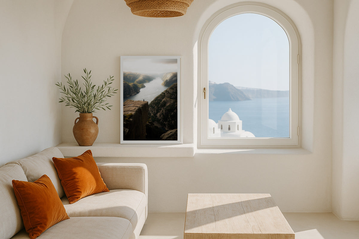 Pulpit Rock, Lysefjord wall art print, framed with a white border, in a Santorini white window
