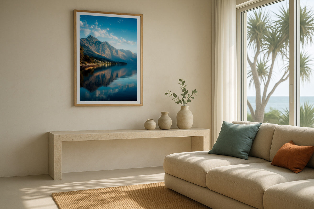 Lake Wakatipu in Summer wall art print, framed with a white border, in a NYC Empire State bedroom