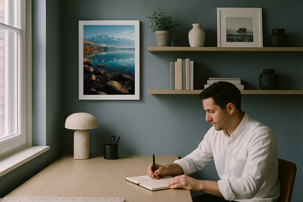 The Remarkables in Autumn wall art print, framed with a white border, in a man writing blue wall