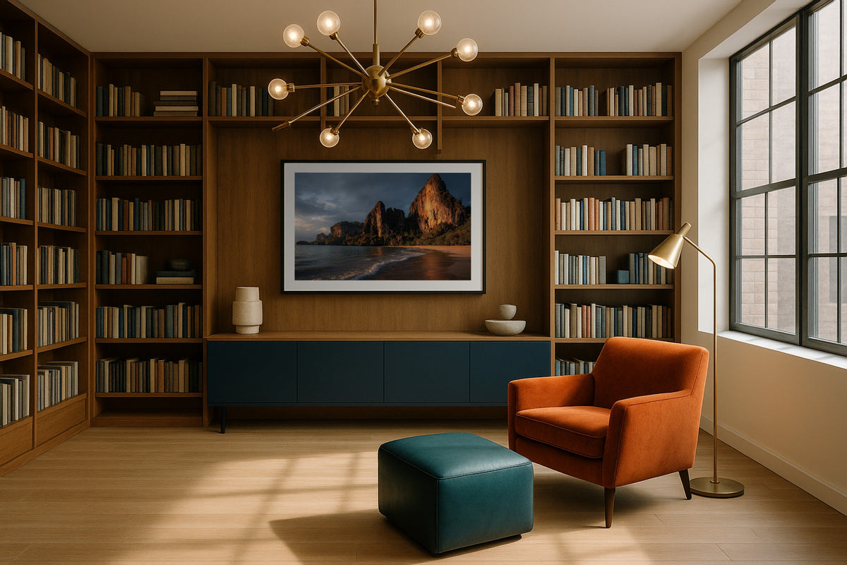 Railay at Sunset wall art print, framed with a white border, in a window seat lamp