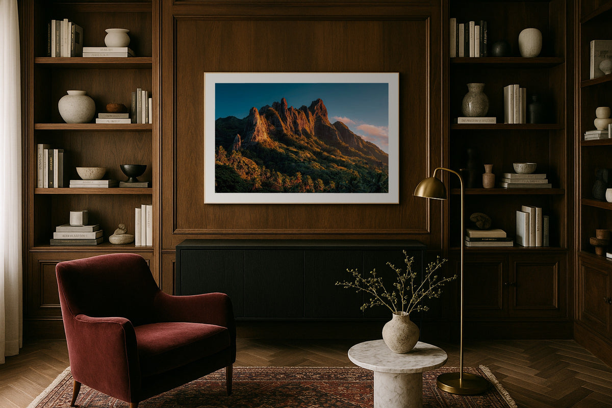 Rarotonga wall art print, framed with a white border, in a window seat lamp