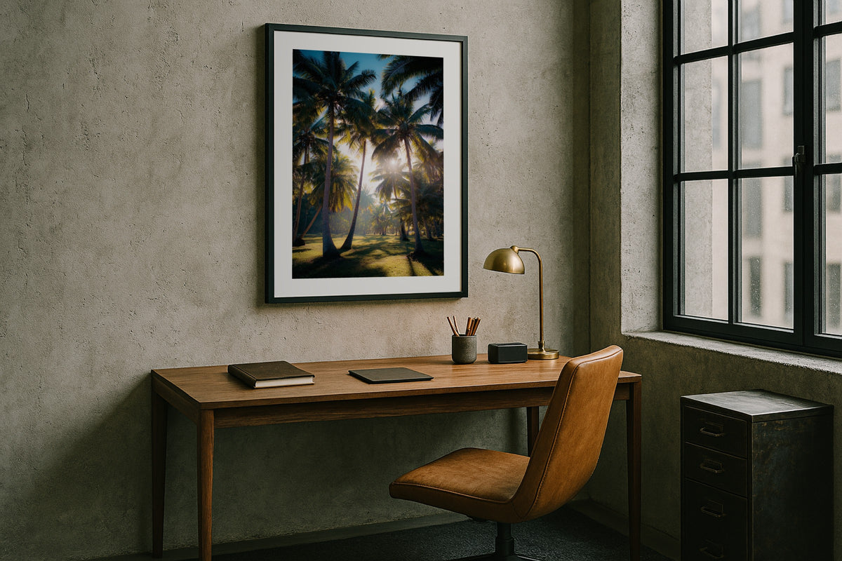 Rarotonga Palm Grove wall art print, framed with a white border, in a beach cottage curtains