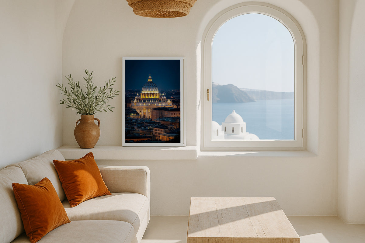 St. Peter’s at Night II wall art print, framed with a white border, in a NYC Empire State bedroom
