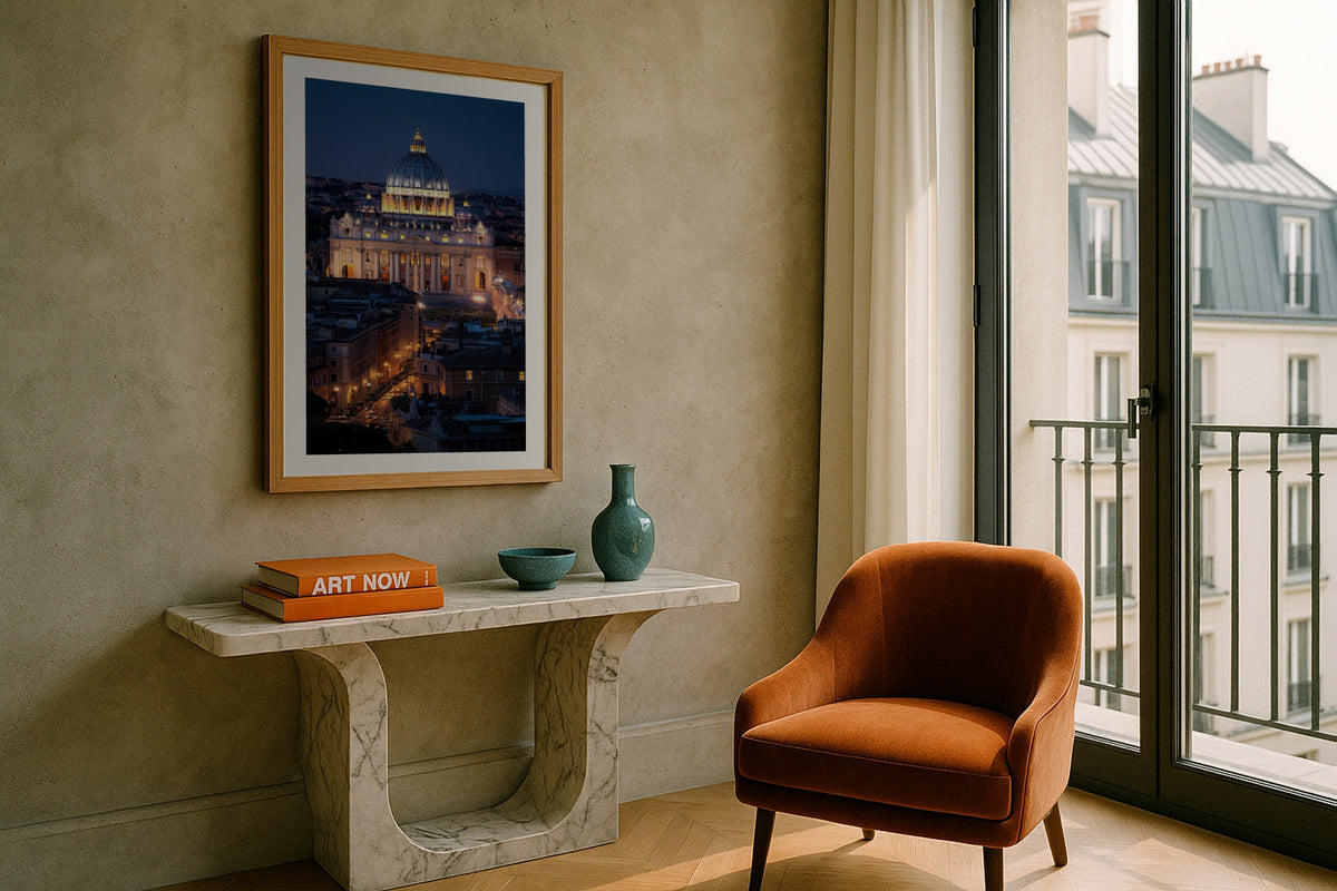 St. Peter’s at Night wall art print, framed with a white border, in a NYC Empire State bedroom