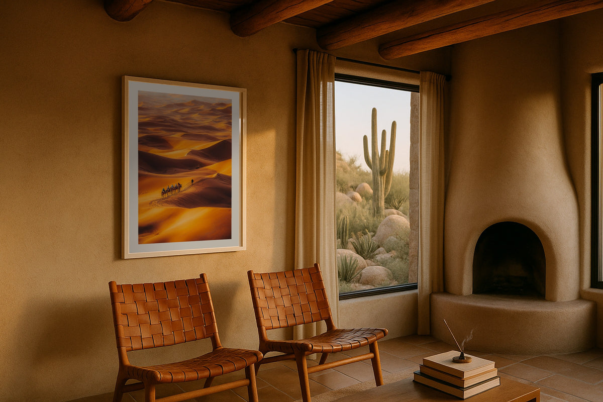 Camel Caravan II wall art print, framed with a white border, in a adobe cactus arches