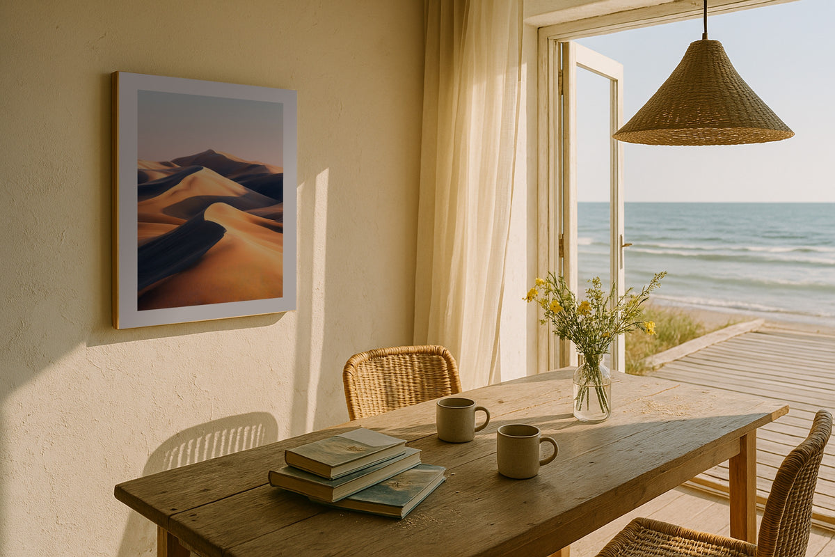 Sahara Dunes II wall art print, framed with a white border, in a canyon sunset leather sofa