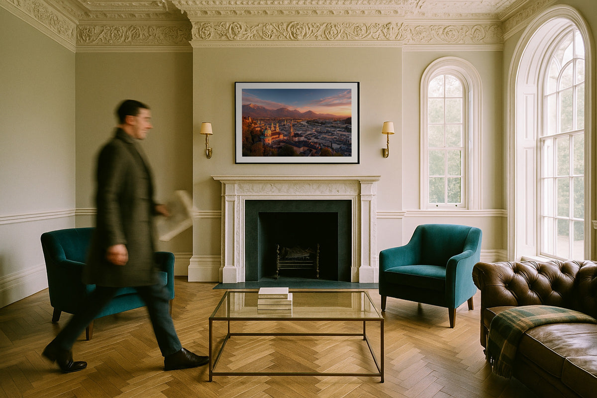 Salzburg at Golden Hour wall art print, framed with a white border, in a man walking fireplace teal chairs