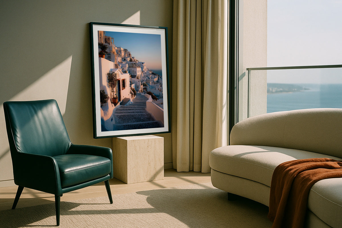 Santorini Stairway wall art print, framed with a white border, in a industrial fire escape bedroom