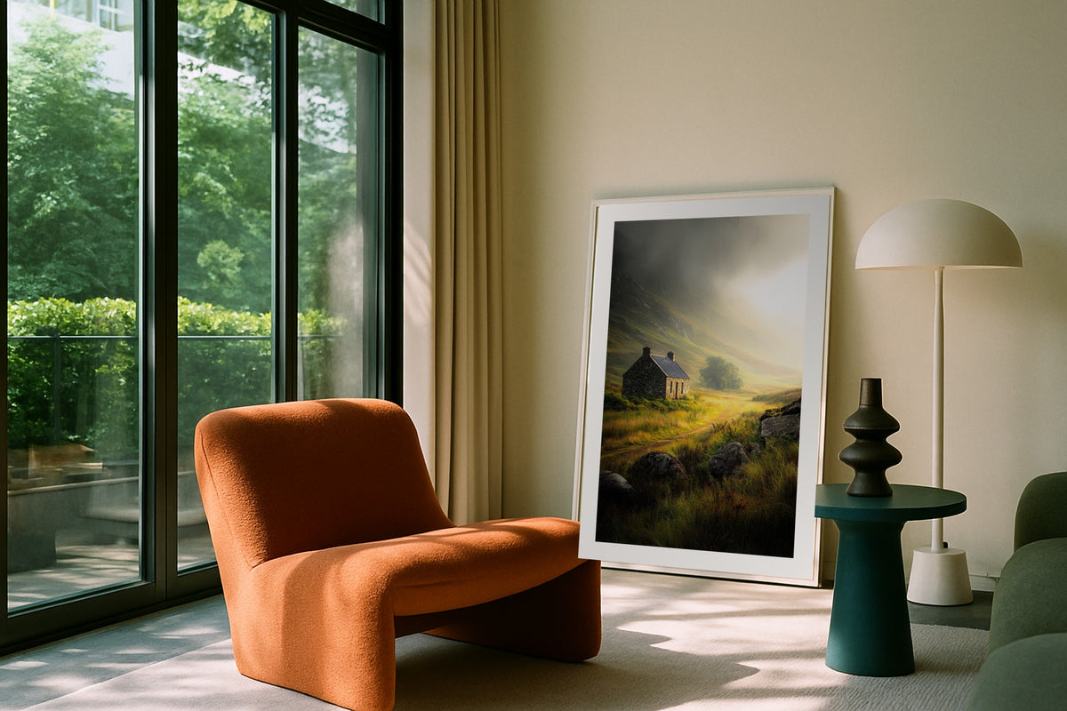 Highland Cottage wall art print, framed with a white border, in a bench round mirror