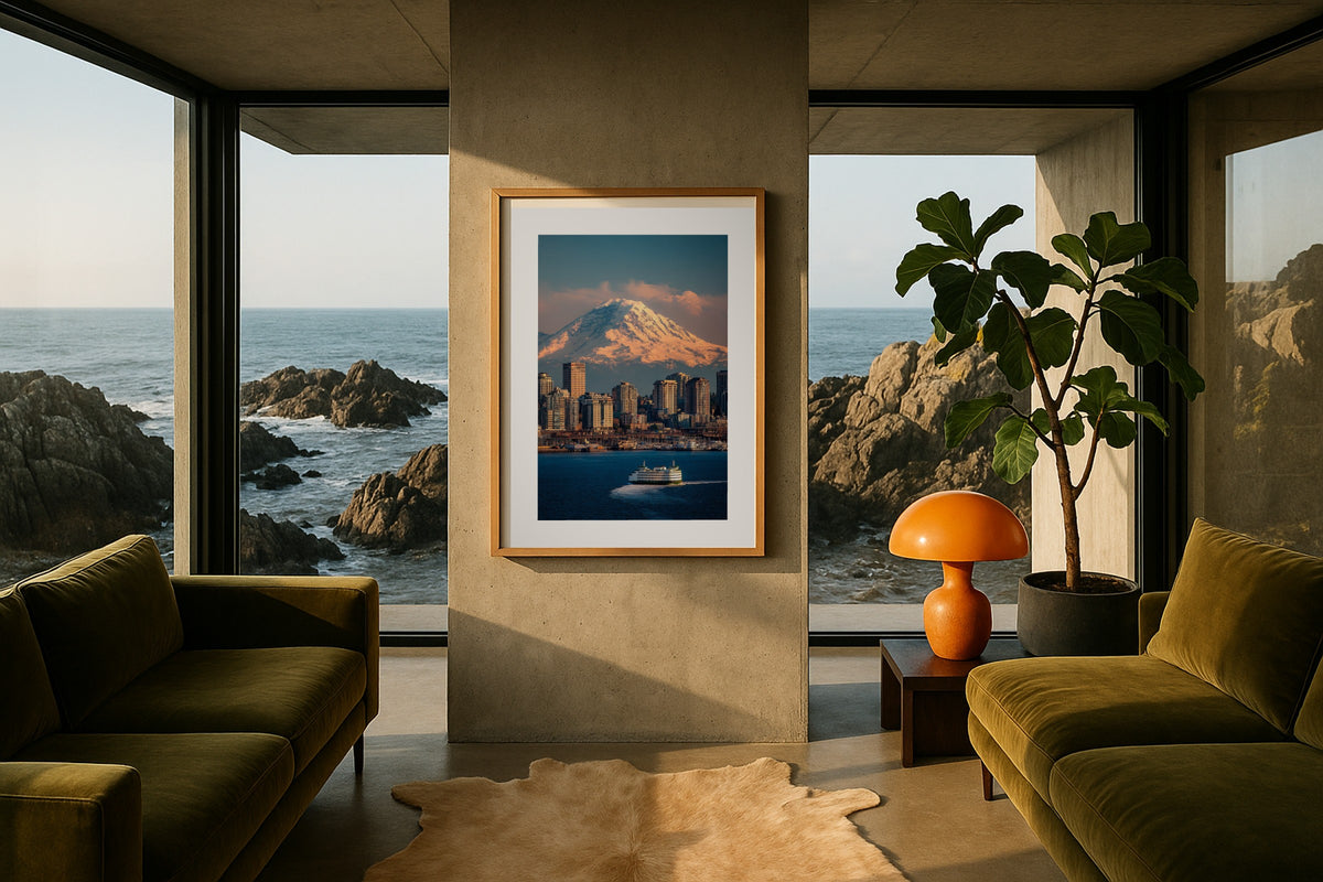Seattle Ferry wall art print, framed with a white border, in a sea view loft