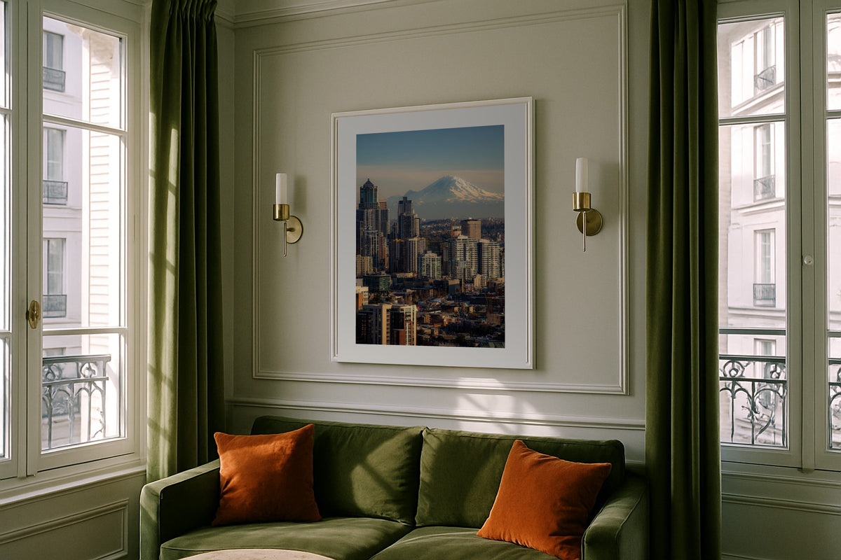 Seattle and Rainier wall art print, framed with a white border, in a brick loft bedroom