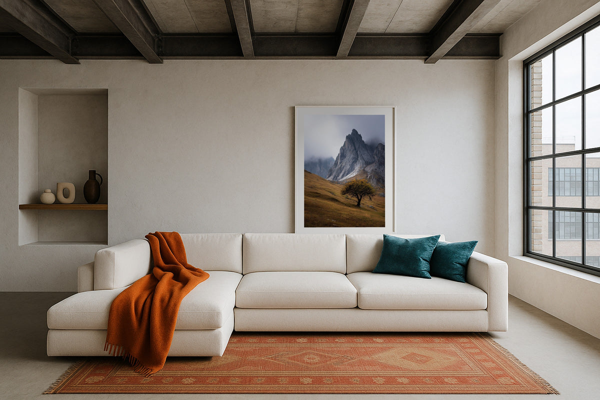 Lone Tree, Seceda wall art print, framed with a white border, in a olive sofa garden doors