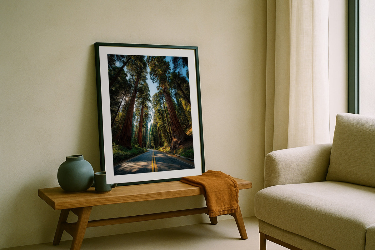 Sequoia Road wall art print, framed with a white border, in a leaning on bench