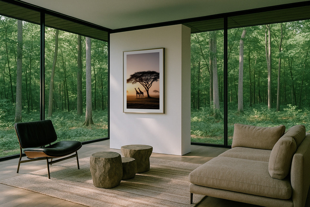 Giraffe at Sunset wall art print, framed with a white border, in a forest glass house