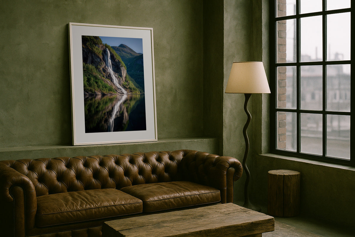 Seven Sisters Reflected wall art print, framed with a white border, in a cream sofa rust chairs