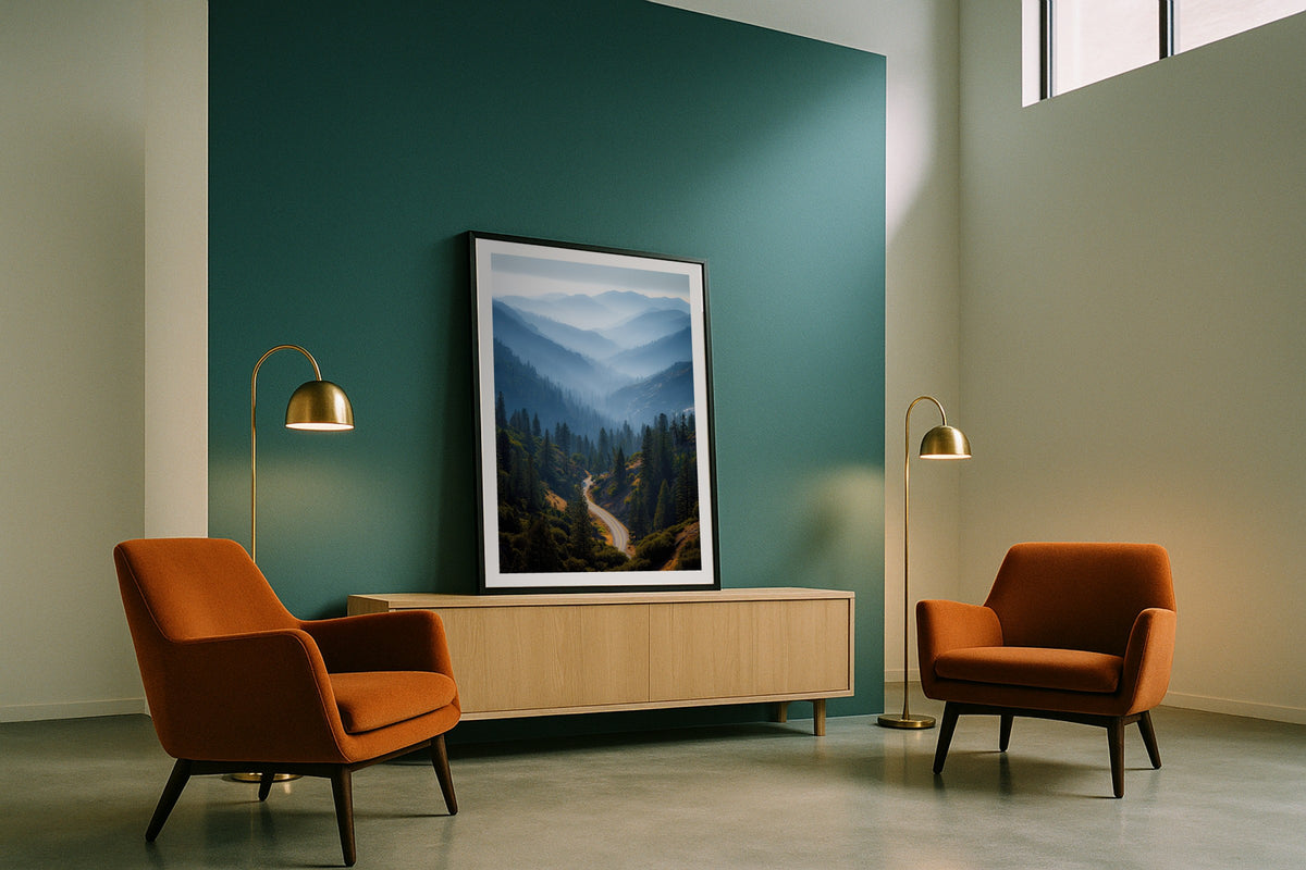 Sierra Nevada Road wall art print, framed with a white border, in a teal wall rust chairs