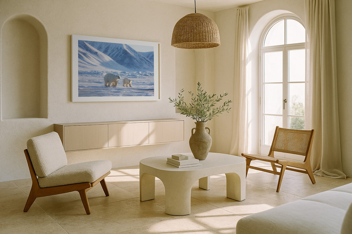 Silent Tundra wall art print, framed with a white border, in a Alpine chalet green sofa