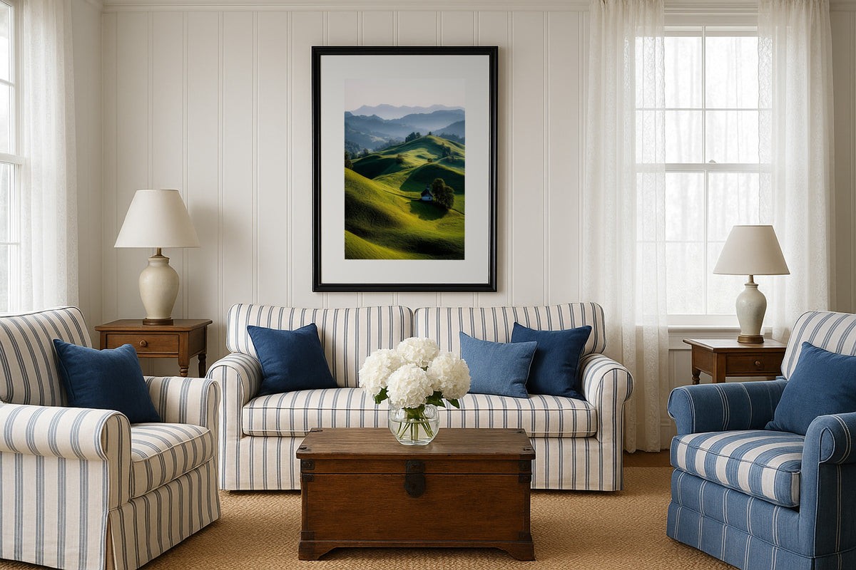 Škofja Loka Hills wall art print, framed with a white border, in a arched windows green sofa